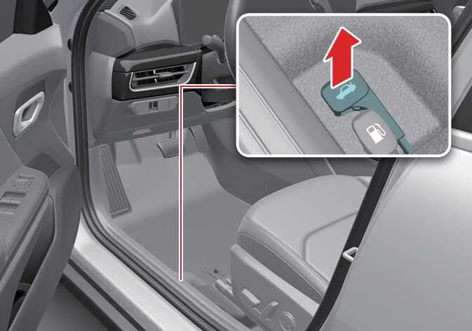 Location of the interior mechanical trunk lid release lever on the driver side floor area next to the seat frame of a Kia K4 sedan