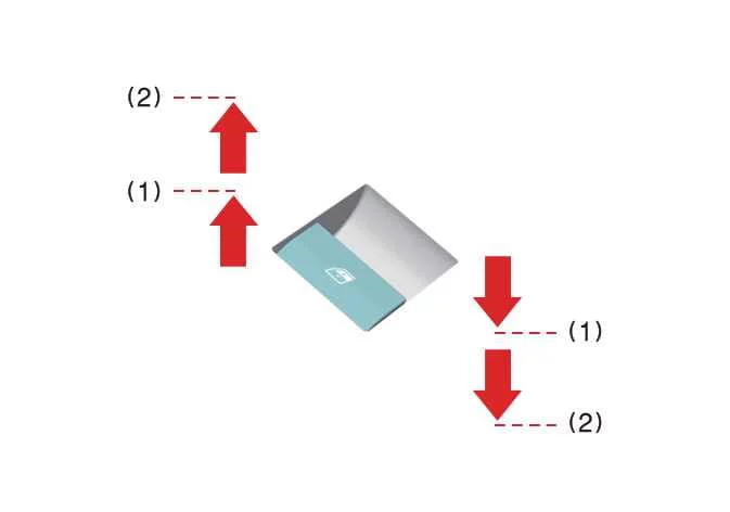 Diagram of the passenger armrest control switch highlighting the secondary detent push area for the automatic express window function