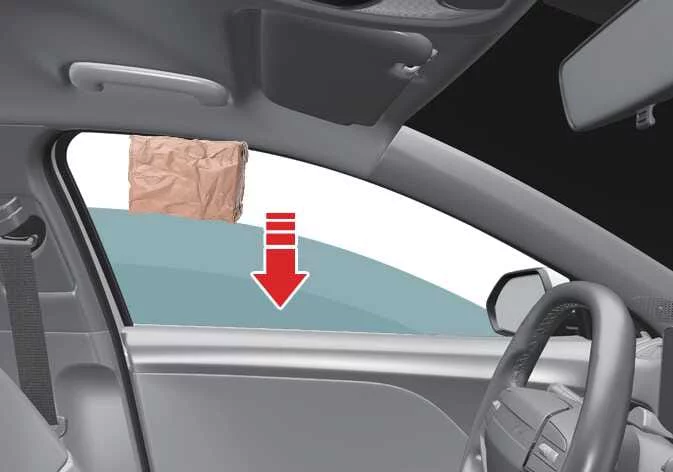 Safety illustration showing a physical obstruction triggering the automatic safety reversal jam protection feature on a Kia K4 side window