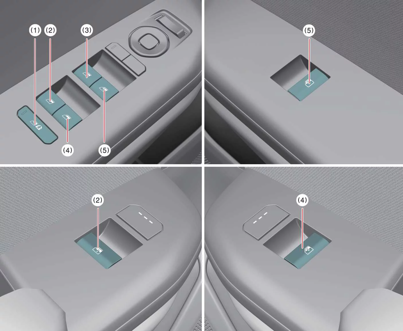 Master power window control switch panel located on the driver side armrest of a Kia K4 illustrating the buttons for window isolation, rear controls, and front passenger glass regulation