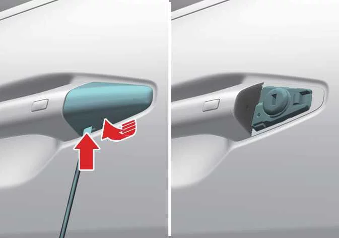 Kia K4 driver side door handle schematic demonstrating how to remove the plastic keyhole cylinder cover by releasing the lower internal locking tab using the mechanical emergency key blade