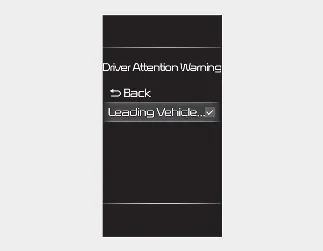 Kia Seltos Driver Attention Warning DAW settings menu for Leading Vehicle Departure Alert