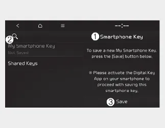 Kia Seltos infotainment menu for Digital Key 2 Touch smartphone registration