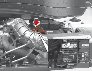 Kia Seltos battery terminal cover location near fuse relay panel