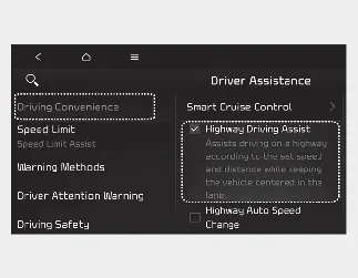 Kia Seltos Highway Driving Assist HDA settings menu