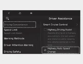 Kia Seltos NSCC Highway Auto Speed Change settings menu