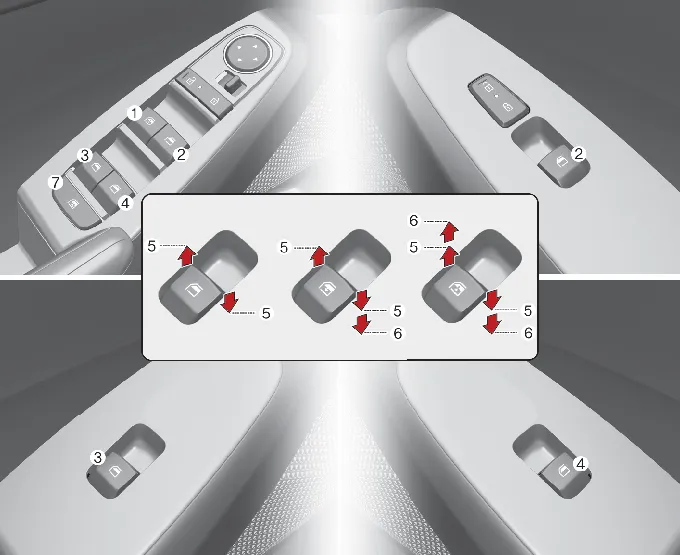 Kia Seltos power window switch layout and controls