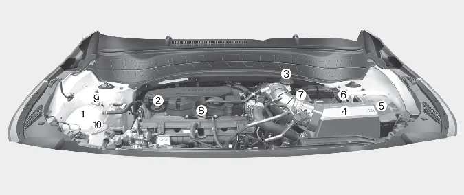 Kia Seltos Smartstream G1.6 T-GDi engine compartment layout with reservoirs battery terminals fuse box and washer fluid
