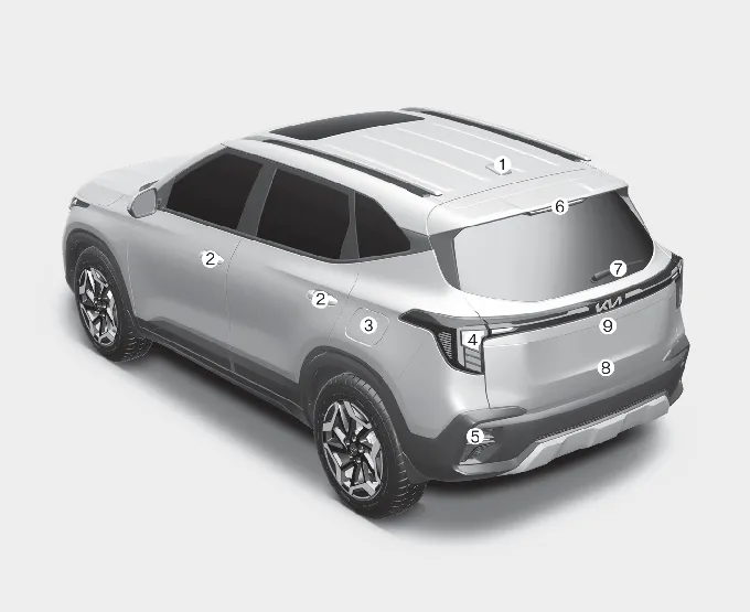 Kia Seltos rear exterior overview with antenna liftgate lamps fuel filler door and rear camera